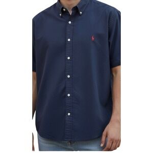 Polo Ralph Lauren Mens XL Short Sleeve Button Down Shirt Navy Blue Red Pony Logo
